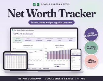 Net Worth Tracker Spreadsheet Google Sheets & Excel | Assets and Debt Tracker, Monthly Net Worth Dashboard, Goal Planner