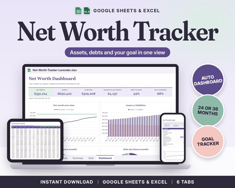 Net Worth Tracker Spreadsheet Google Sheets & Excel | Assets and Debt Tracker, Monthly Net Worth Dashboard, Goal Planner image 1