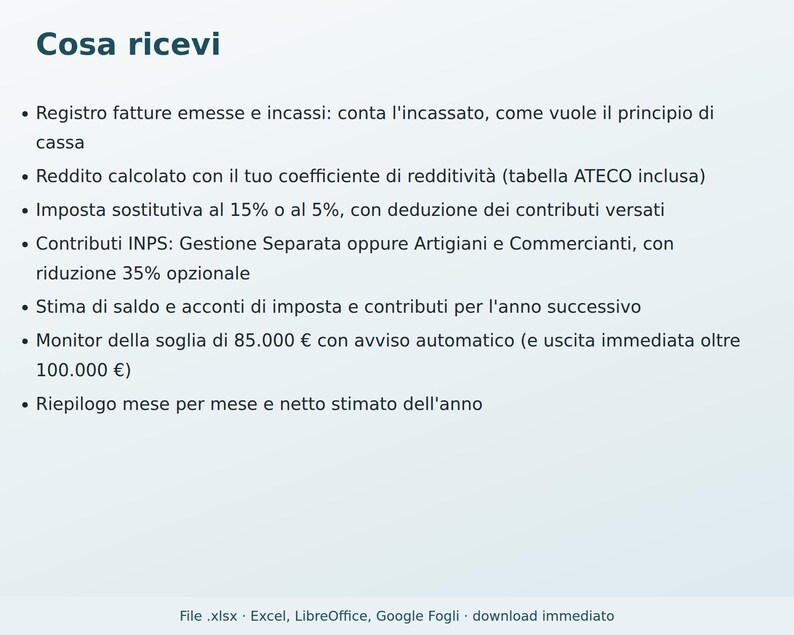 Registro del IVA a tipo fijo en Excel (en italiano) | Facturas, cobros, impuesto sustitutivo, cotizaciones al INPS, anticipos imagen 5