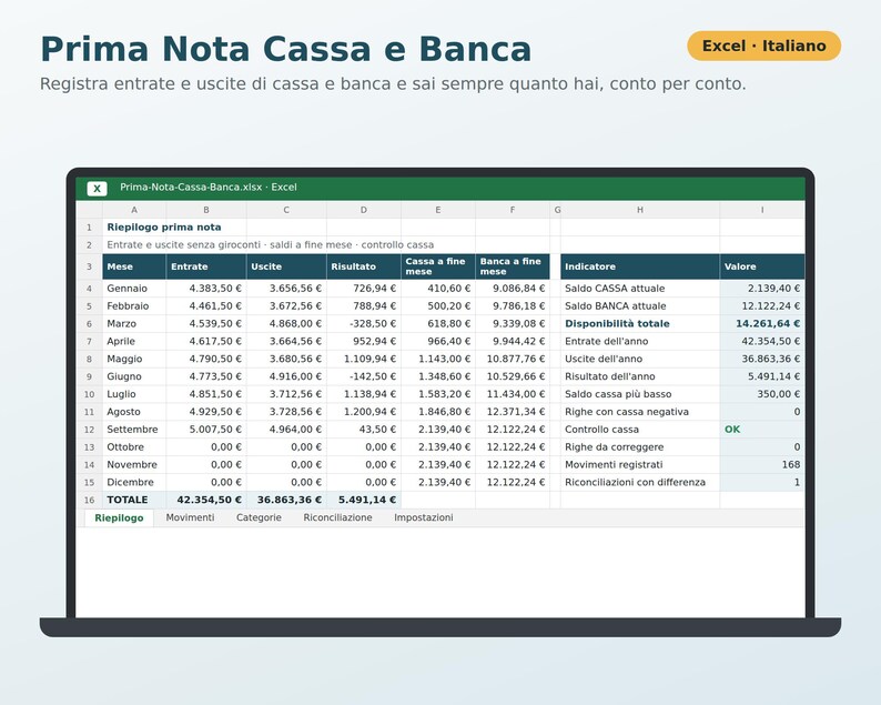 Cash and Bank Journal in Excel in Italian | Income and Expense Ledger, Cash Balance, Simple Accounting, Associations, Small Businesses image 1
