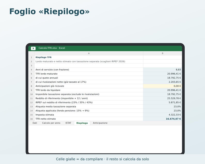 TFR Calculation in Excel in Italian | Severance Pay, ISTAT Revaluation, Separate Taxation, 70% Advance image 4