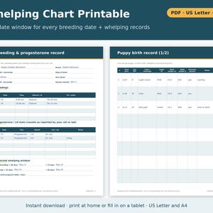 May include: A digital whelping chart printable in PDF format for US Letter and A4 sizes. The document features sections for breeding and progesterone records, including dates, times, and puppy birth records with columns for weight in ounces and grams.