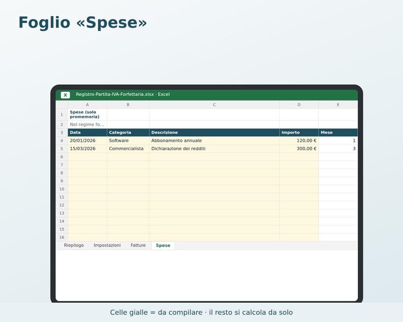 Registro del IVA a tipo fijo en Excel (en italiano) | Facturas, cobros, impuesto sustitutivo, cotizaciones al INPS, anticipos imagen 4