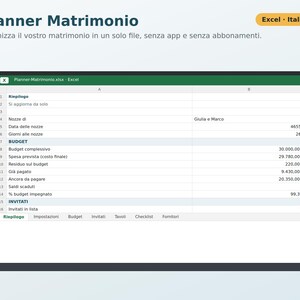 May include: A digital wedding planner spreadsheet displayed on a screen, featuring tabs for summary, settings, budget, guests, tables, checklist, and vendors. The interface shows financial data in Euros, including budget totals, expenses, and guest counts.