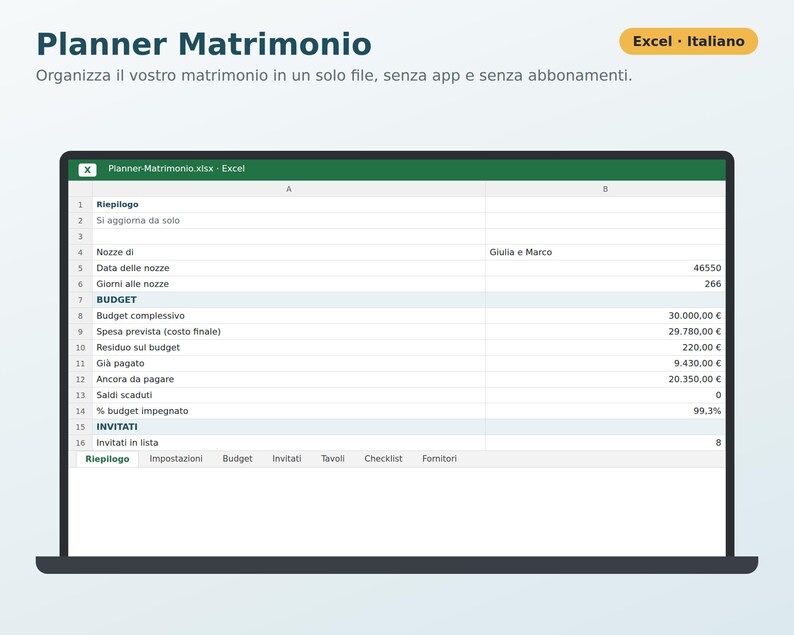 May include: A digital wedding planner spreadsheet displayed on a screen, featuring tabs for summary, settings, budget, guests, tables, checklist, and vendors. The interface shows financial data in Euros, including budget totals, expenses, and guest counts.