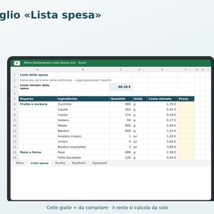 Excel Weekly Menu in Italian | Automatic Grocery List, Meal Planner, Recipe Book, Family Menu, Grocery Cost image 2