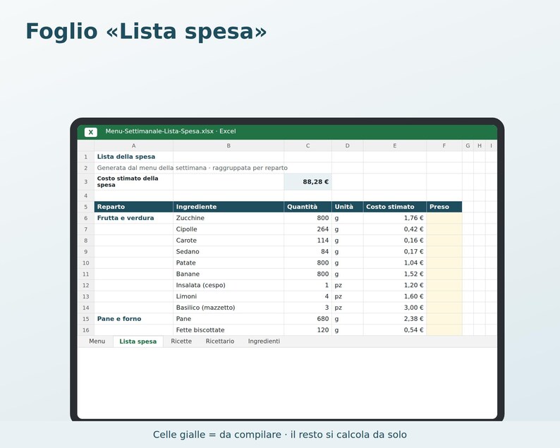 Excel Weekly Menu in Italian | Automatic Grocery List, Meal Planner, Recipe Book, Family Menu, Grocery Cost image 2