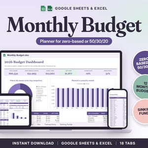 Budget Spreadsheet Google Sheets & Excel | Monthly Budget Planner, Zero Based Budget, 50/30/20 Template