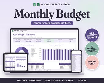 Budget Spreadsheet Google Sheets & Excel | Monthly Budget Planner, Zero Based Budget, 50/30/20 Template