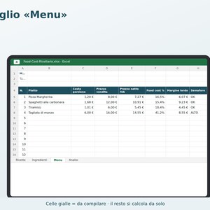 Food Cost and Recipe Book Excel in Italian | Recipe Cost, Portion Size, Margin, and Menu Price for a Restaurant, Pizzeria, or Bar image 3