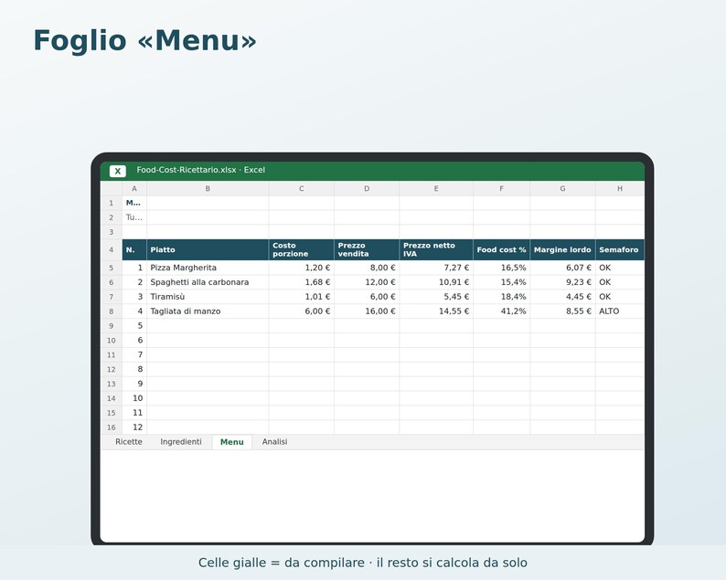 Food Cost and Recipe Book Excel in Italian | Recipe Cost, Portion Size, Margin, and Menu Price for a Restaurant, Pizzeria, or Bar image 3