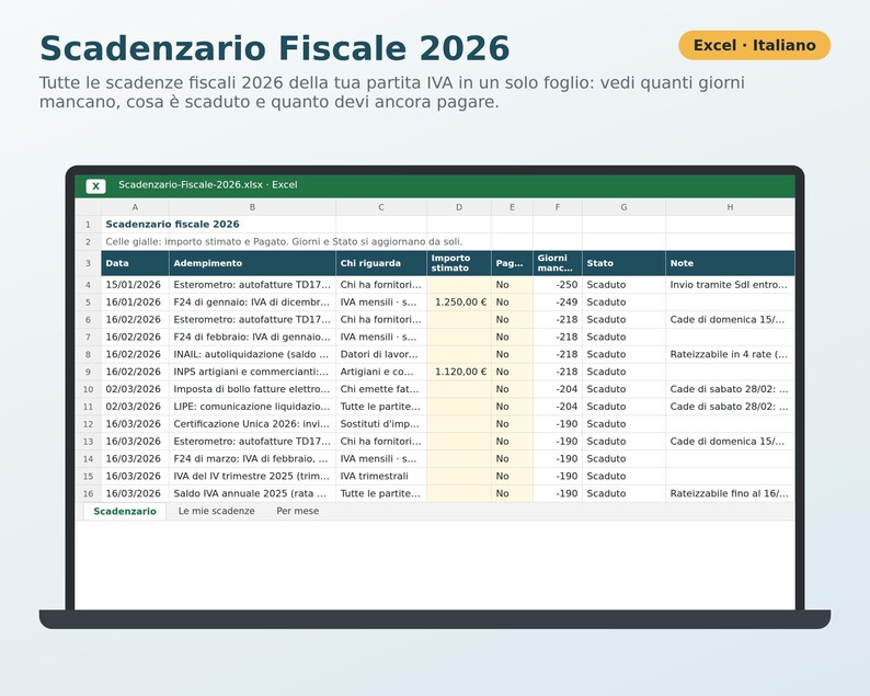 2026 Tax Calendar for Excel in Italian | VAT, F24, INPS, Taxes and Duties Deadlines, Payment Reminders image 1