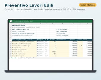 Construction Estimates (Excel) in Italian | Plumber, Electrician, Painter, Bricklayer, Price List, Bill of Quantities, Reduced VAT