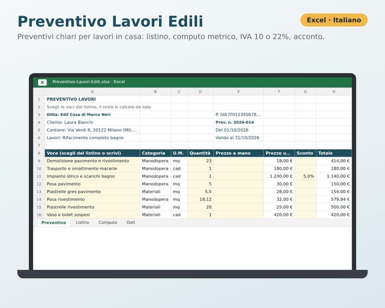 Construction Estimates (Excel) in Italian | Plumber, Electrician, Painter, Bricklayer, Price List, Bill of Quantities, Reduced VAT image 1