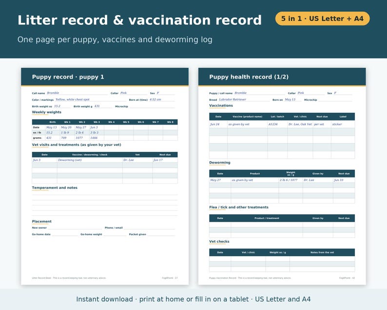 Dog Breeder Forms Bundle Printable | Whelping Chart, Puppy Weight Chart, Litter Record, Puppy Vaccination Record, Go Home Kit PDF image 4