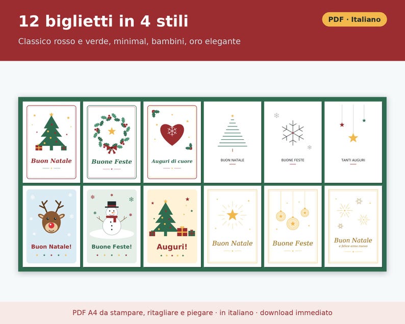 Printable Christmas Cards (PDF) | 12 Foldable Greeting Cards in 4 Styles, Ready-Made Greetings, Gift Tag, and Envelope to Cut Out image 2