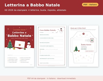 Printable Santa Claus Letter (PDF in Italian) | 2026 Kids' Kit with North Pole Envelope, Response, Certificate, and Gift List