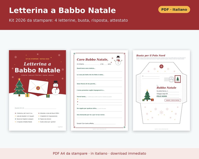 Carta imprimible a Papá Noel (PDF en italiano) | Kit infantil 2026 con sobre del Polo Norte, carta de respuesta, certificado y lista de regalos. imagen 1