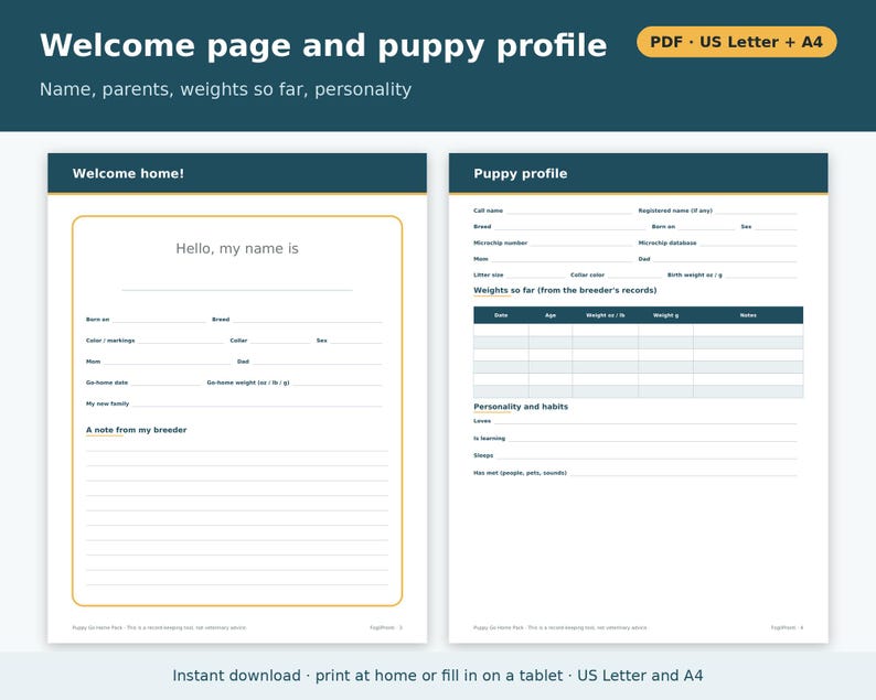 Puppy Go Home Kit Printable | Puppy Go Home Packet for New Owners, Puppy Profile, Feeding Schedule, Dog Breeder Forms PDF image 2