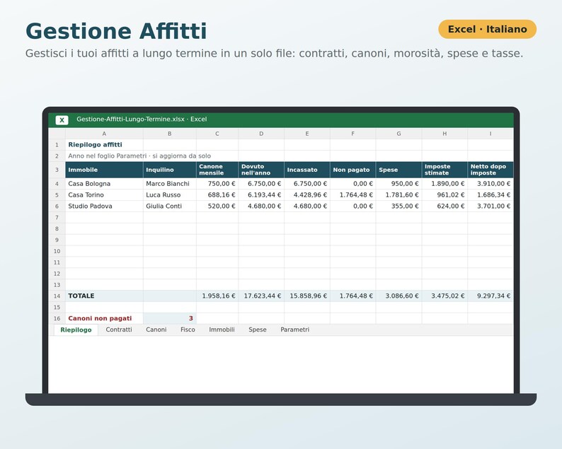 Excel Rental Management in Italian | Rent, Tenant Delinquencies, 4+4 and 3+2 Contract Expiration Dates, Flat Rate Tax, ISTAT (National Statistical Institute) image 1