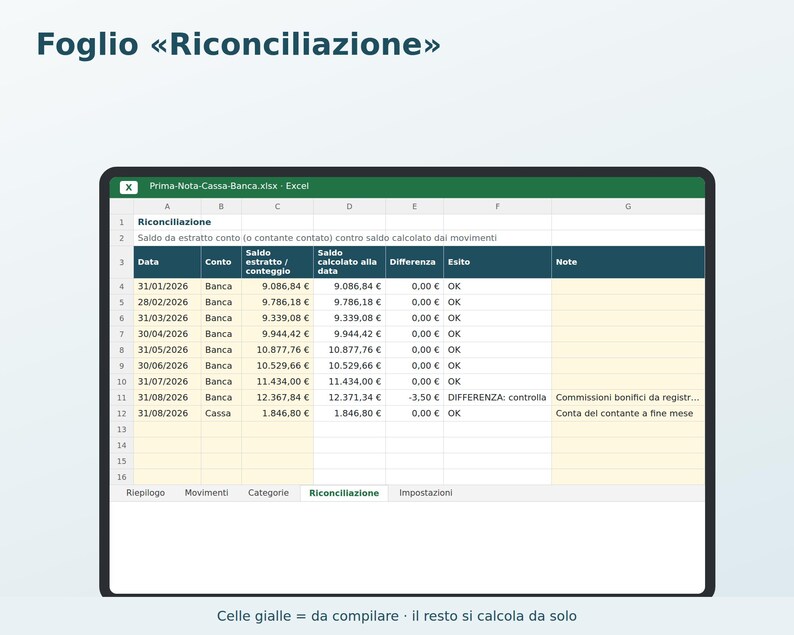 Cash and Bank Journal in Excel in Italian | Income and Expense Ledger, Cash Balance, Simple Accounting, Associations, Small Businesses image 4