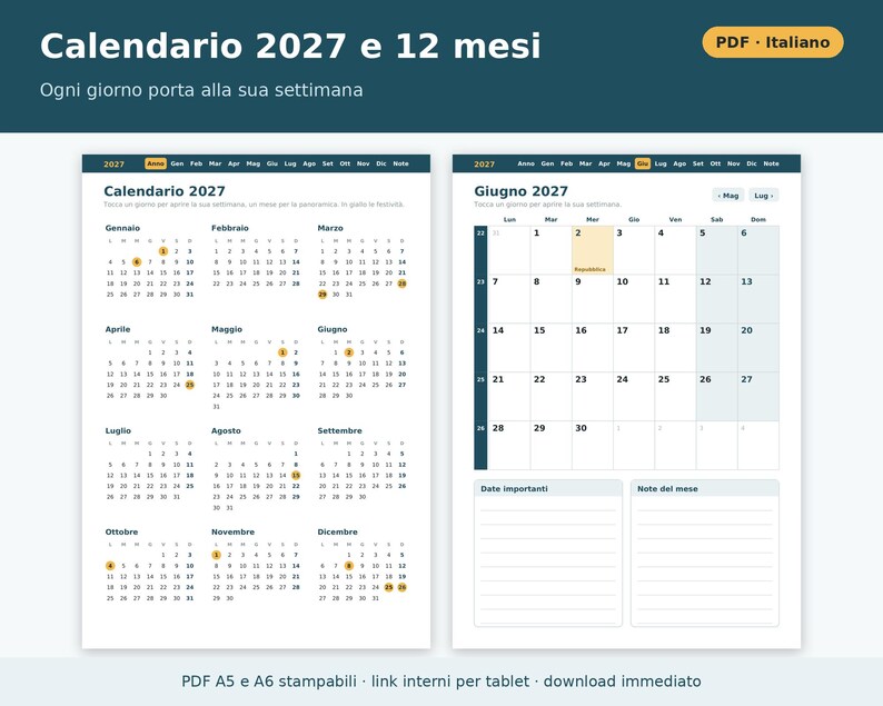 Wochenplaner 2027 (A5 und A6 Hochformat) – Druckbare PDF-Datei | Woche auf zwei Seiten, datierter Planer auf Italienisch, italienische Feiertage Bild 3