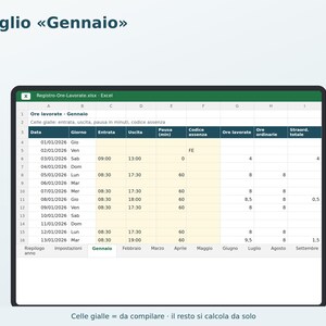 Excel Timesheet in Italian | Attendance Sheet, Overtime Calculation, Vacation and Leave, Paycheck Tracking, Freelance image 3