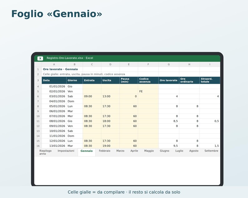 Excel Timesheet in Italian | Attendance Sheet, Overtime Calculation, Vacation and Leave, Paycheck Tracking, Freelance image 3