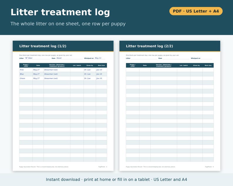 Puppy Vaccination Record Template Printable | Puppy Shot Record, Deworming Log and Owner Copy, Dog Breeder Forms PDF image 3