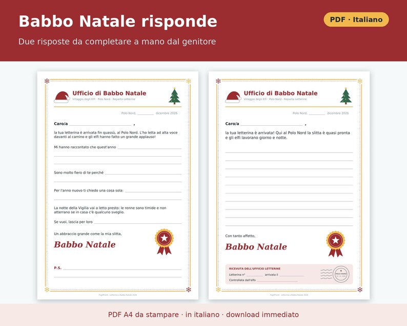 Carta imprimible a Papá Noel (PDF en italiano) | Kit infantil 2026 con sobre del Polo Norte, carta de respuesta, certificado y lista de regalos. imagen 4