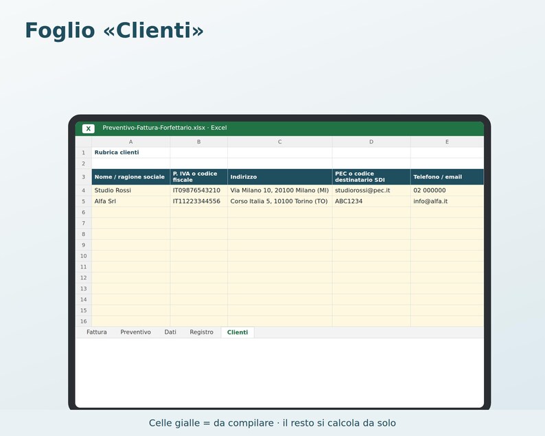 Flat-Rate Estimate and Invoice for Excel in Italian | Template with 2-Euro Stamp Duty, Legal Wording, Invoice Register, Customer Directory image 5