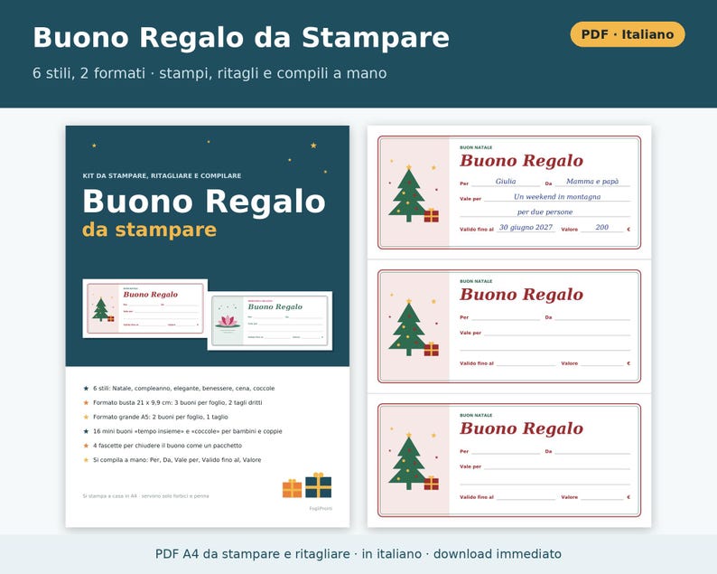 Certificados de regalo imprimibles en PDF | Certificados de regalo para Navidad, cumpleaños, salones de belleza, cenas y tratamientos de bienestar | 6 estilos en 2 formatos para rellenar a mano imagen 1