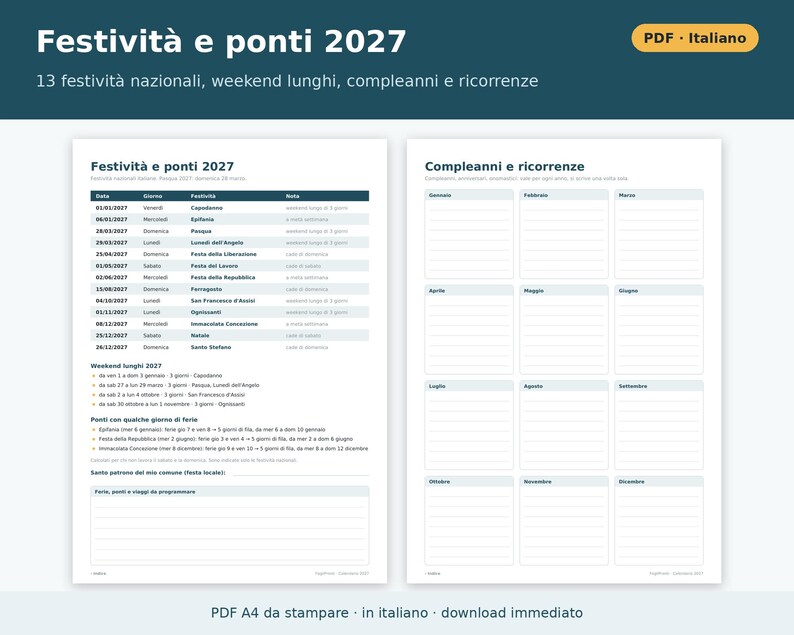 Printable 2027 Calendar (PDF) in Italian | Monthly, Horizontal and Vertical, Yearly, Holidays and Long Weekends, Shift and Vacation Planning image 5
