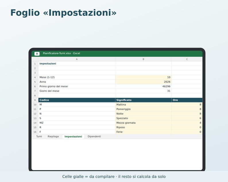 Employee Shift Planner for Excel in Italian | Monthly Schedule, Hours Worked, Overtime, Vacation, and Staff Costs image 3