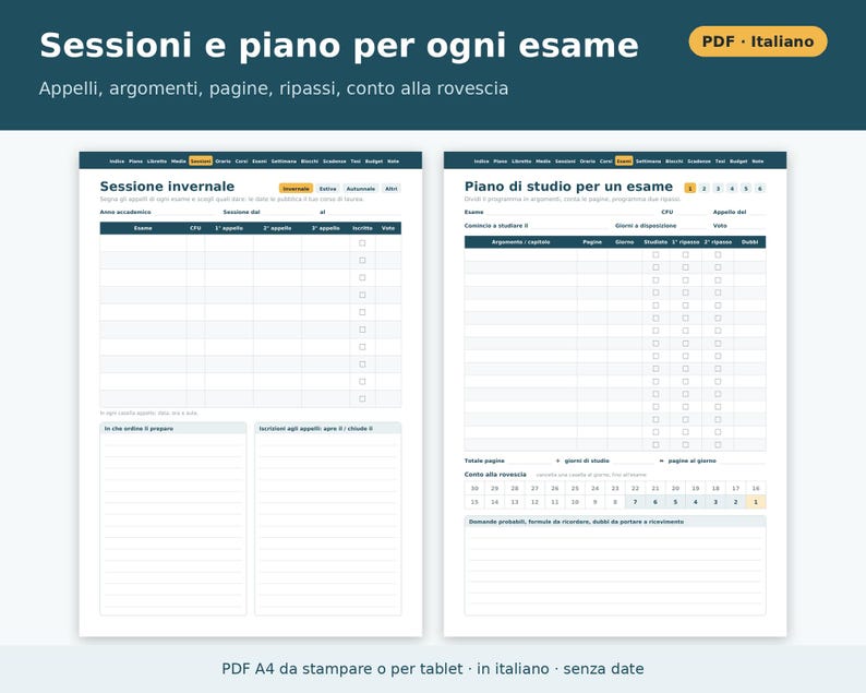 Printable PDF University Planner in Italian | Exam Booklet, Weighted Average, CFU, Study Plan, Sessions, Class Schedule, Thesis image 4