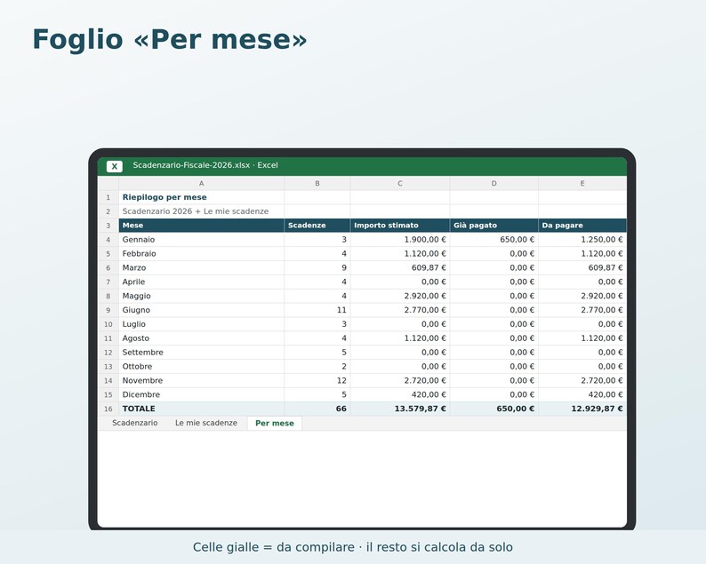 2026 Tax Calendar for Excel in Italian | VAT, F24, INPS, Taxes and Duties Deadlines, Payment Reminders image 3