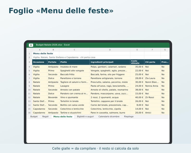 Julbudget 2026 Excel på italienska | Julklappslista, Julplanerare, Högtidsmeny, Gratulationskort, Decemberkalender bild 3