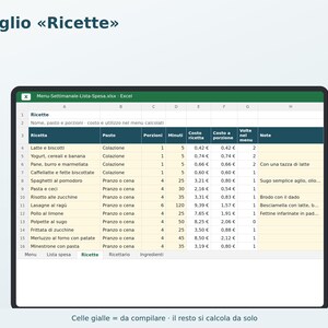 Excel Weekly Menu in Italian | Automatic Grocery List, Meal Planner, Recipe Book, Family Menu, Grocery Cost image 3