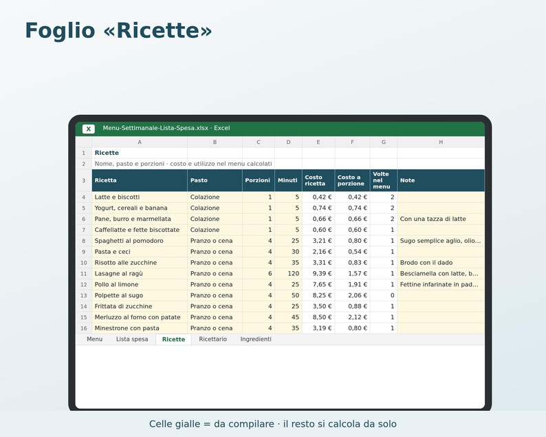 Excel Weekly Menu in Italian | Automatic Grocery List, Meal Planner, Recipe Book, Family Menu, Grocery Cost image 3