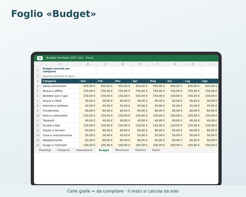 Budget familial 2027 (Excel en italien) | Dépenses du ménage, revenus et dépenses, épargne, objectifs, dettes et paiements image 6