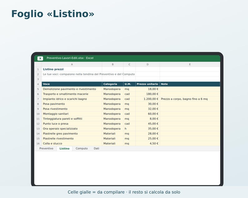 Construction Estimates (Excel) in Italian | Plumber, Electrician, Painter, Bricklayer, Price List, Bill of Quantities, Reduced VAT image 2