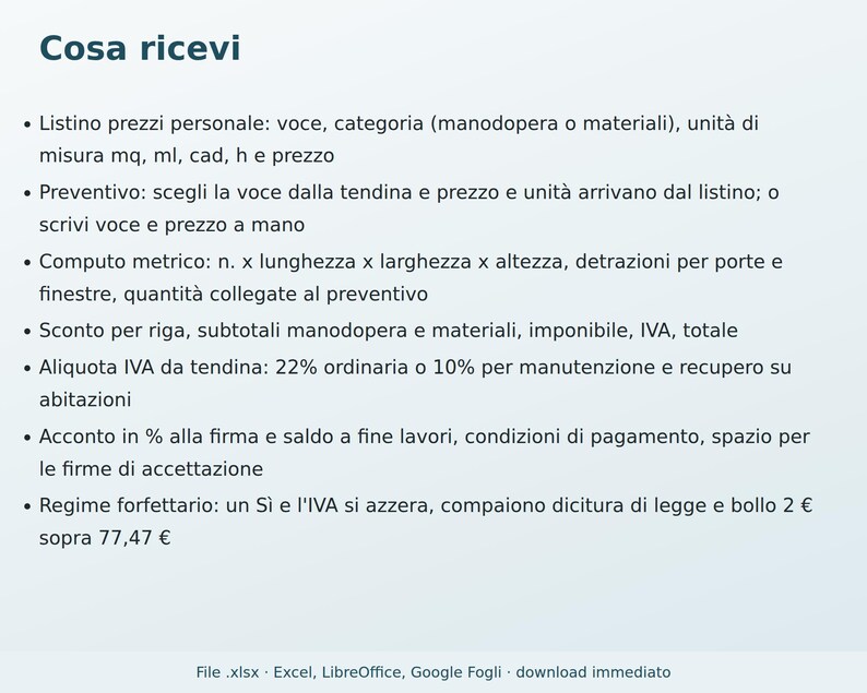 Construction Estimates (Excel) in Italian | Plumber, Electrician, Painter, Bricklayer, Price List, Bill of Quantities, Reduced VAT image 5