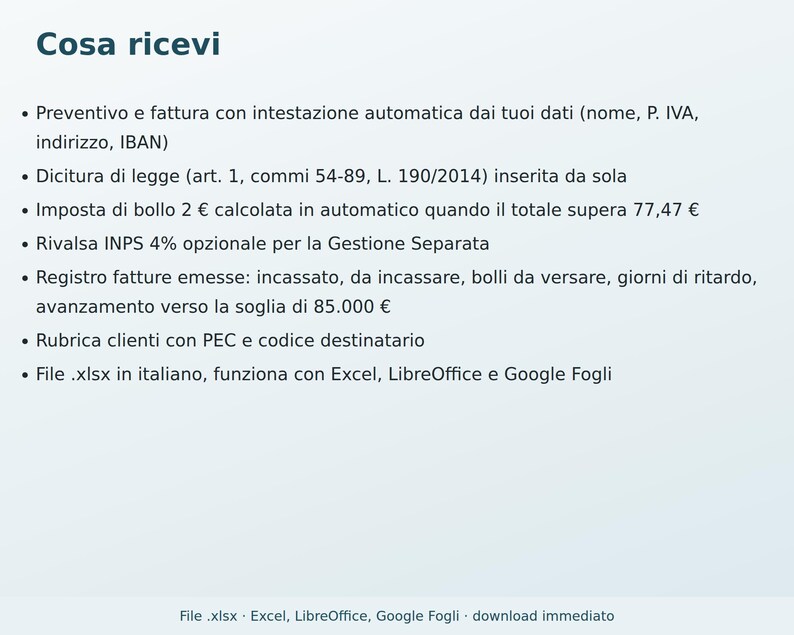 Flat-Rate Estimate and Invoice for Excel in Italian | Template with 2-Euro Stamp Duty, Legal Wording, Invoice Register, Customer Directory image 6