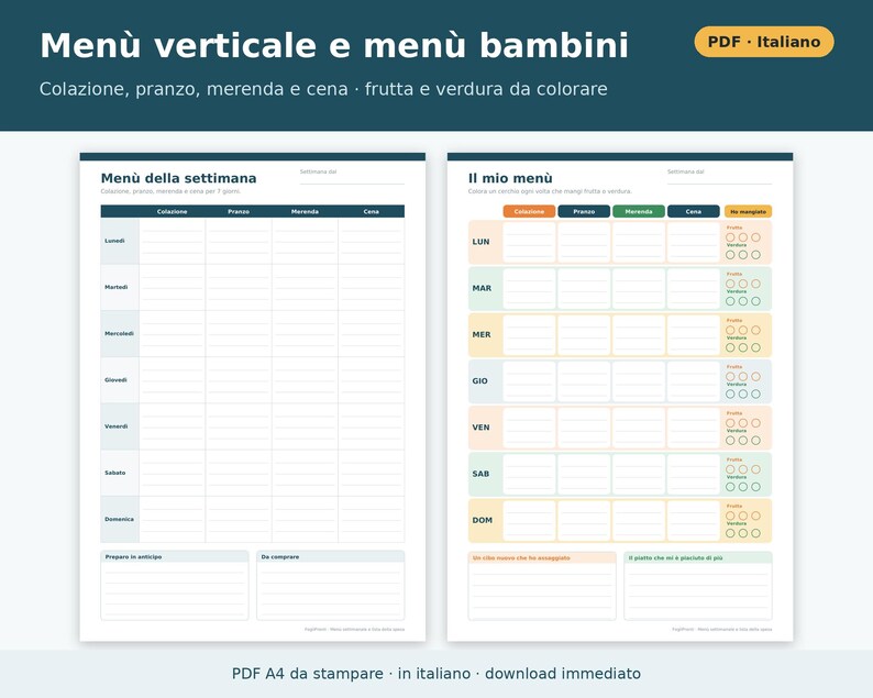 Wochenmenü (PDF) und ausdruckbare Einkaufsliste | Speiseplaner, Wochenmenü für Kinder, ausdruckbares Menü auf Italienisch Bild 2