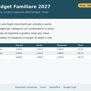Budget familial 2027 (Excel en italien) | Dépenses du ménage, revenus et dépenses, épargne, objectifs, dettes et paiements image 1