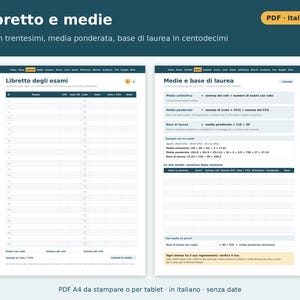 Printable PDF University Planner in Italian | Exam Booklet, Weighted Average, CFU, Study Plan, Sessions, Class Schedule, Thesis image 2