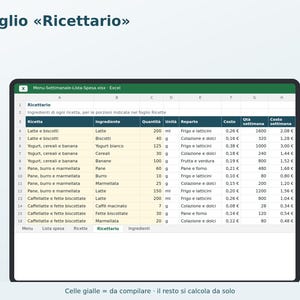 Excel Weekly Menu in Italian | Automatic Grocery List, Meal Planner, Recipe Book, Family Menu, Grocery Cost image 4