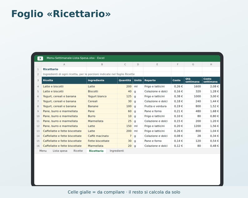 Excel Weekly Menu in Italian | Automatic Grocery List, Meal Planner, Recipe Book, Family Menu, Grocery Cost image 4