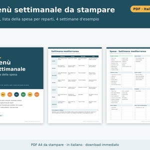 Wochenmenü (PDF) und ausdruckbare Einkaufsliste | Speiseplaner, Wochenmenü für Kinder, ausdruckbares Menü auf Italienisch Bild 1