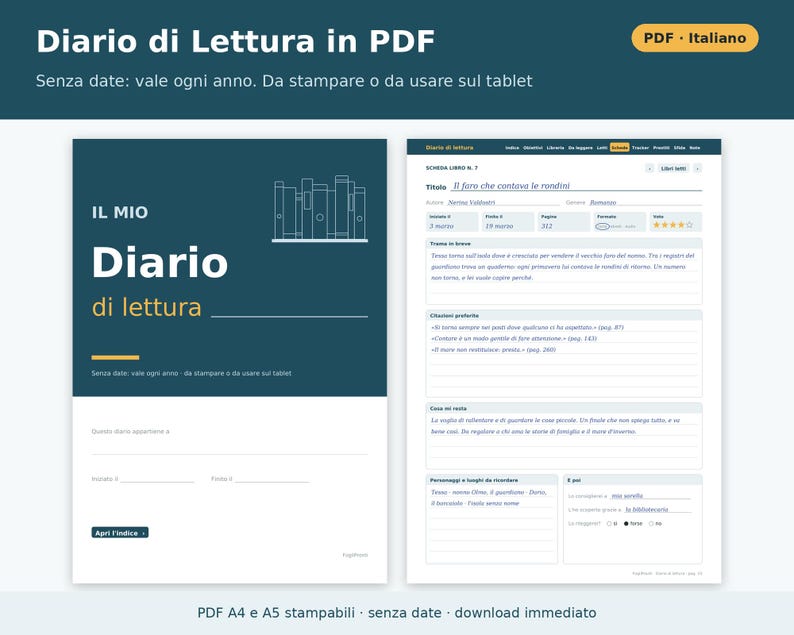 Druckbares Lesetagebuch (A4 und A5 PDF) | Italienisches Lesetagebuch, Buchkarten, Malbuch, Lesetracker, Geschenk für Leseratten Bild 1